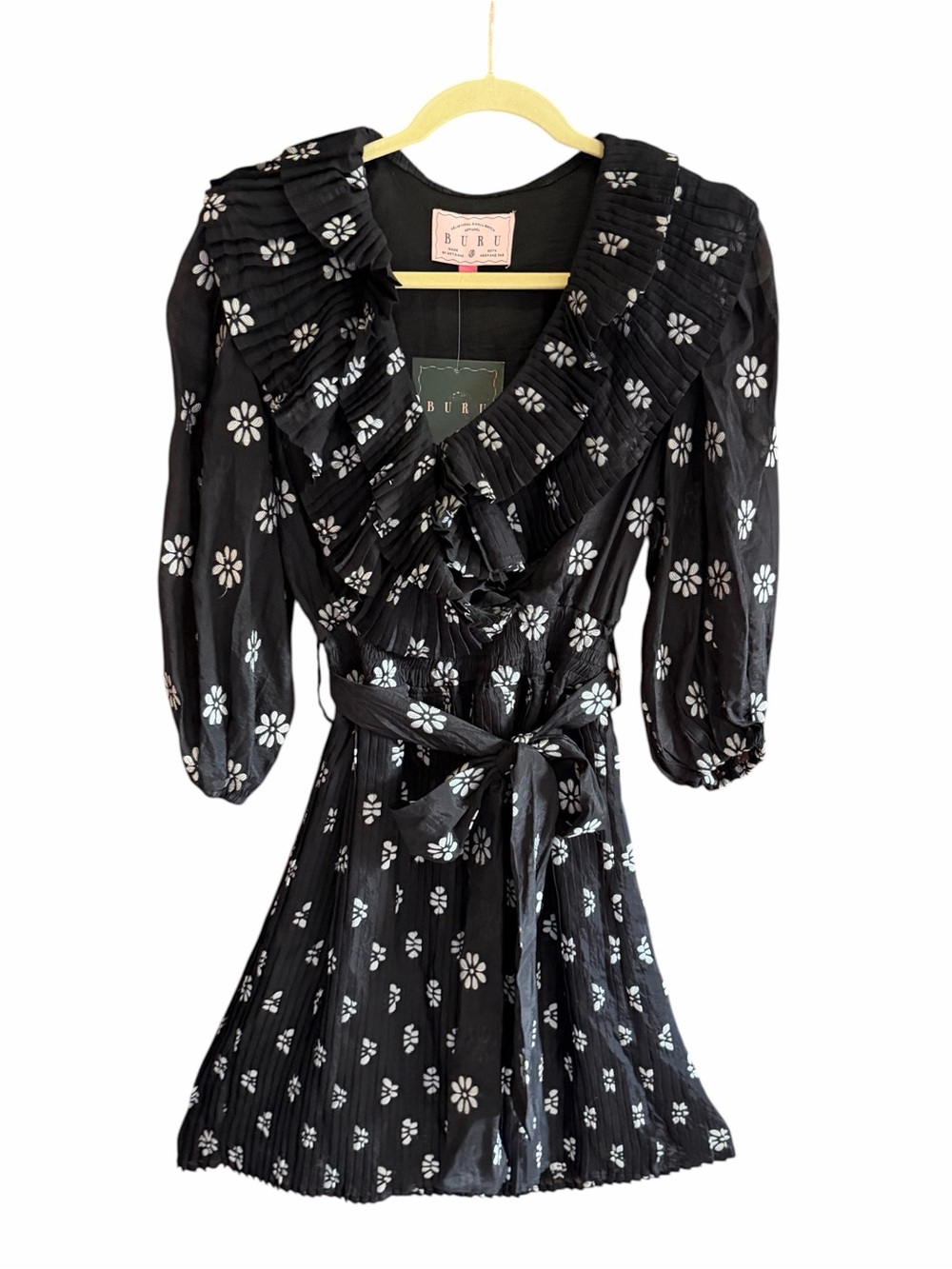 NWT BURU Blanche Dress Mini Long Sleeve Ruffle Black Floral XS